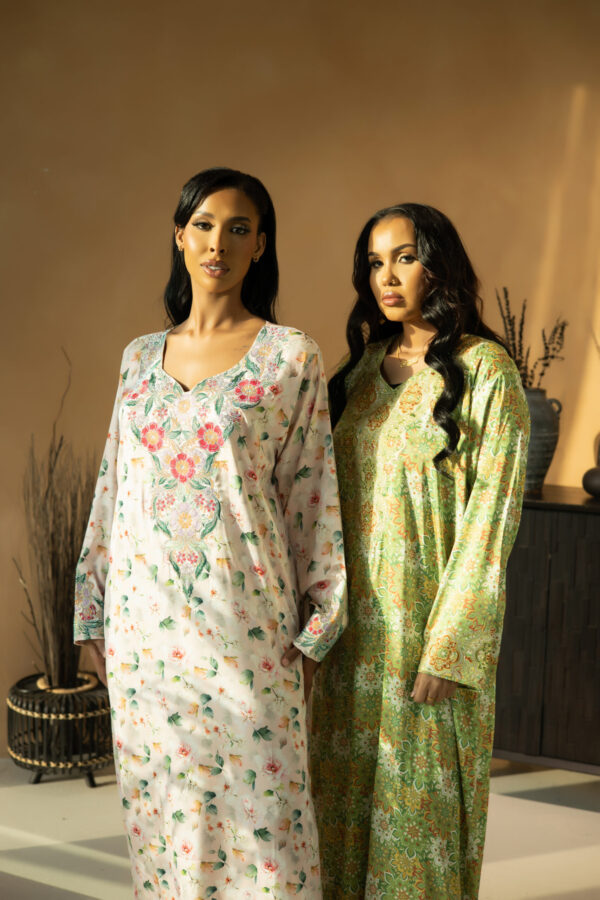 Abaya – Green & White with Floral Touch